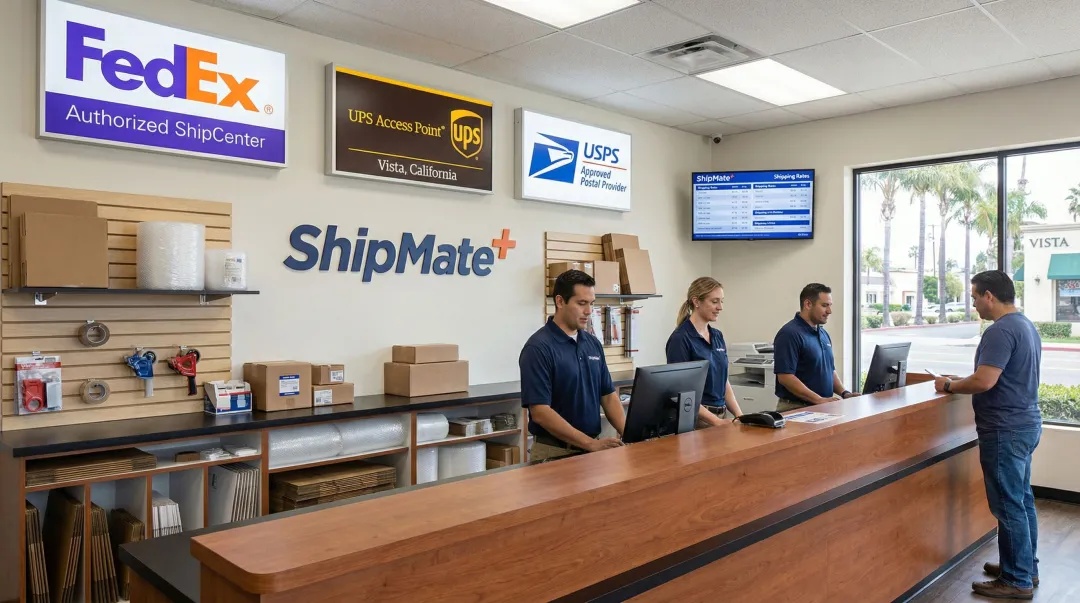 ShipMate Plus Vista CA shipping center interior showing multi-carrier service counter