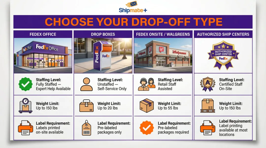 Four types of FedEx drop-off locations in California comparison infographic