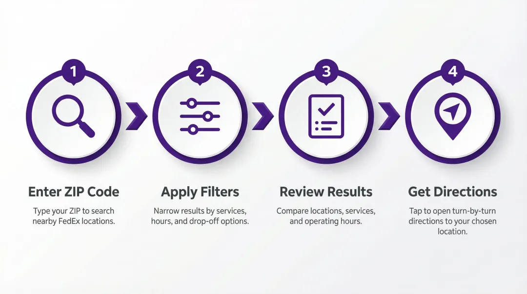 Four-step FedEx location finder search process from ZIP code to directions