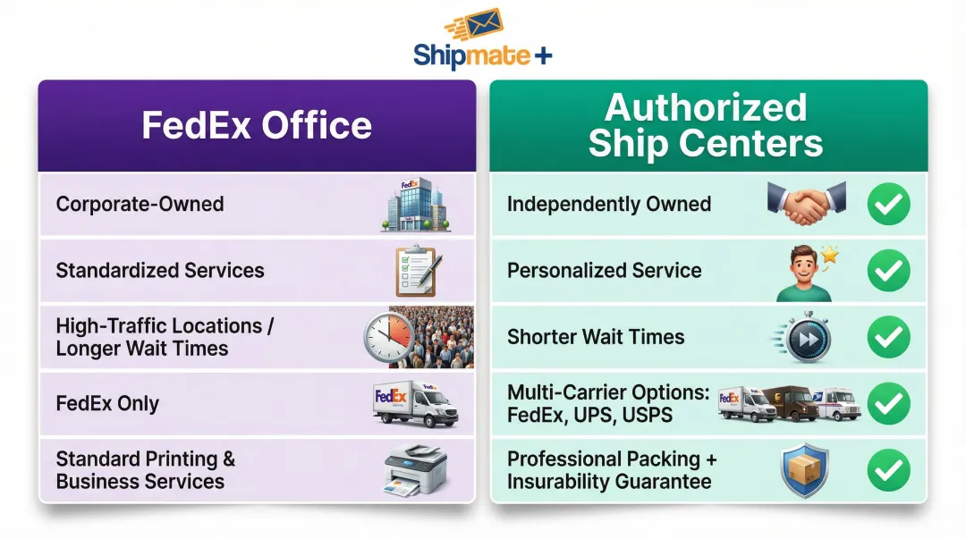 FedEx Office versus Authorized Ship Centers side-by-side comparison infographic