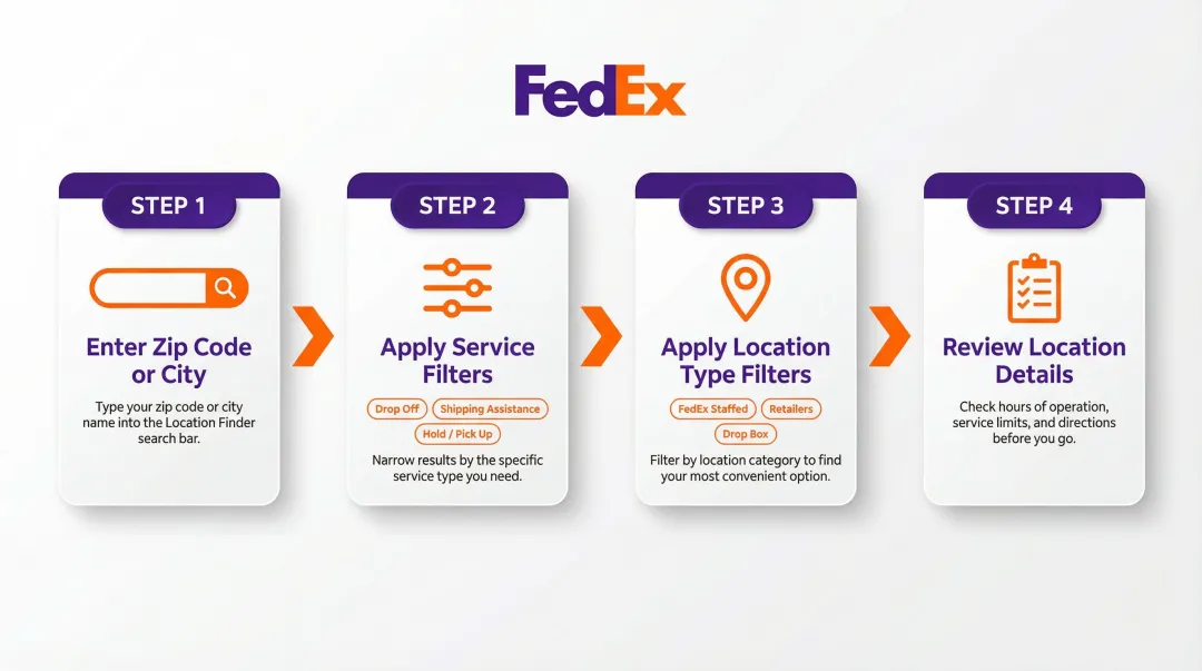 4-step FedEx location finder process infographic for California shipping