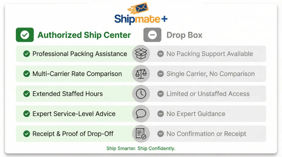 Five advantages of FedEx Authorized Ship Centers over drop boxes comparison infographic