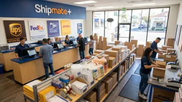 ShipMate Plus multi-carrier shipping center interior showing UPS FedEx USPS services