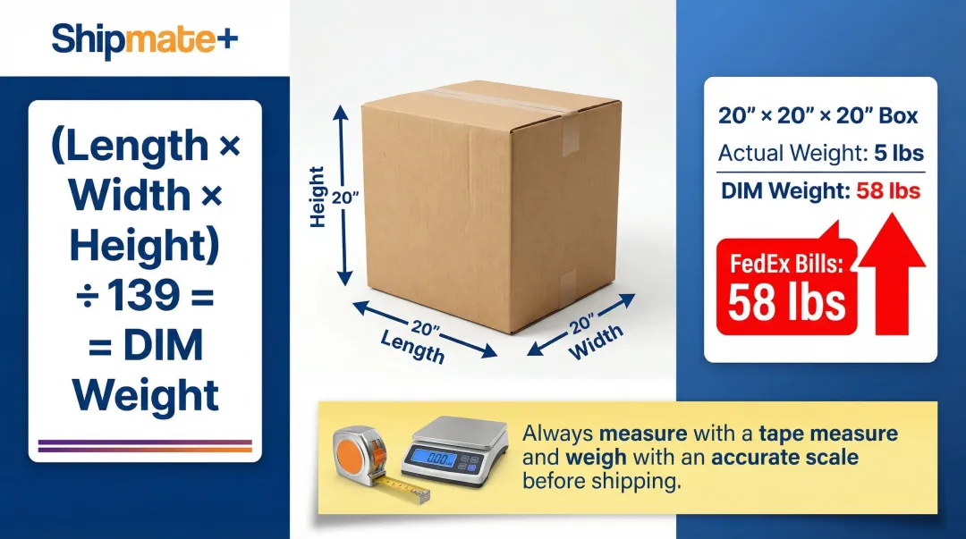 FedEx DIM weight formula calculation example with billable weight comparison