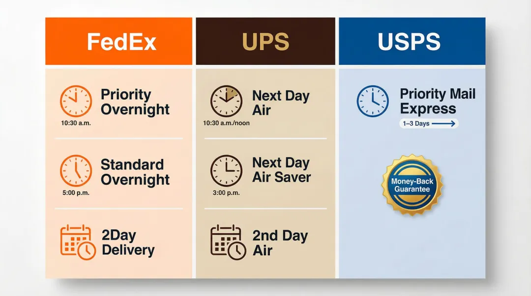 FedEx UPS and USPS expedited shipping tiers delivery windows comparison chart