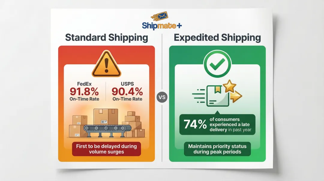 Expedited versus standard shipping on-time reliability comparison during peak season