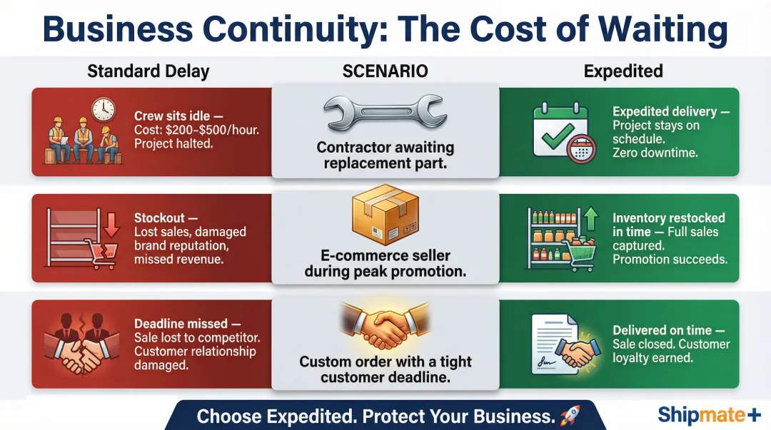 Three business continuity scenarios showing cost impact of late versus expedited delivery