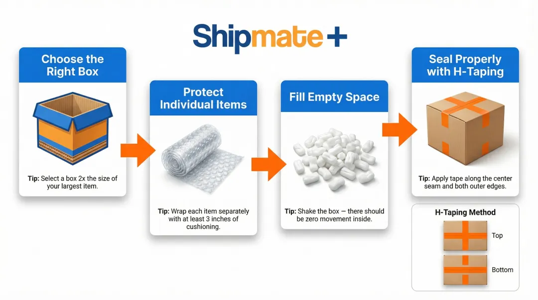 4-step international package preparation process for shipping to Asia