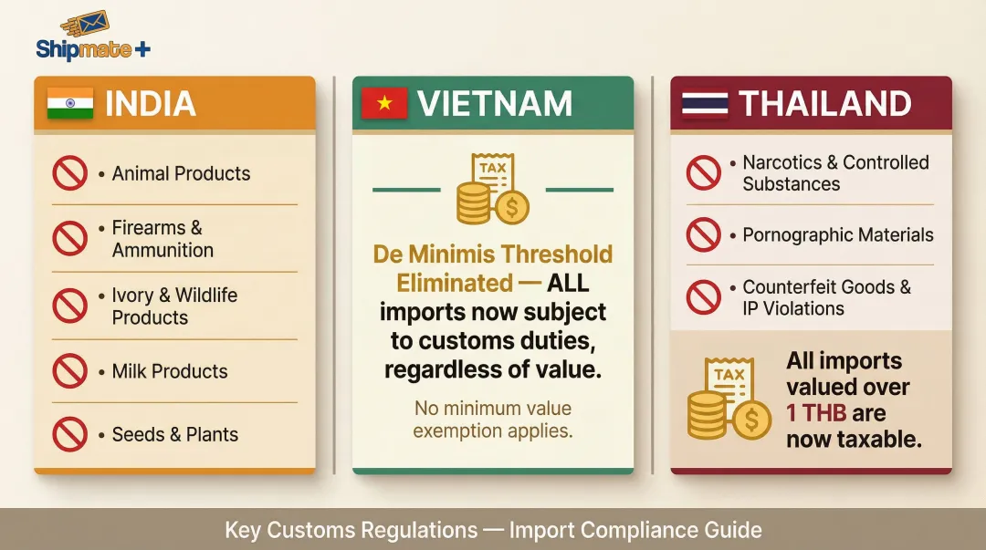 India Vietnam Thailand shipping restrictions and customs rules summary infographic