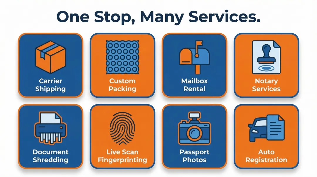 Full-service shipping store services overview icons from packing to fingerprinting