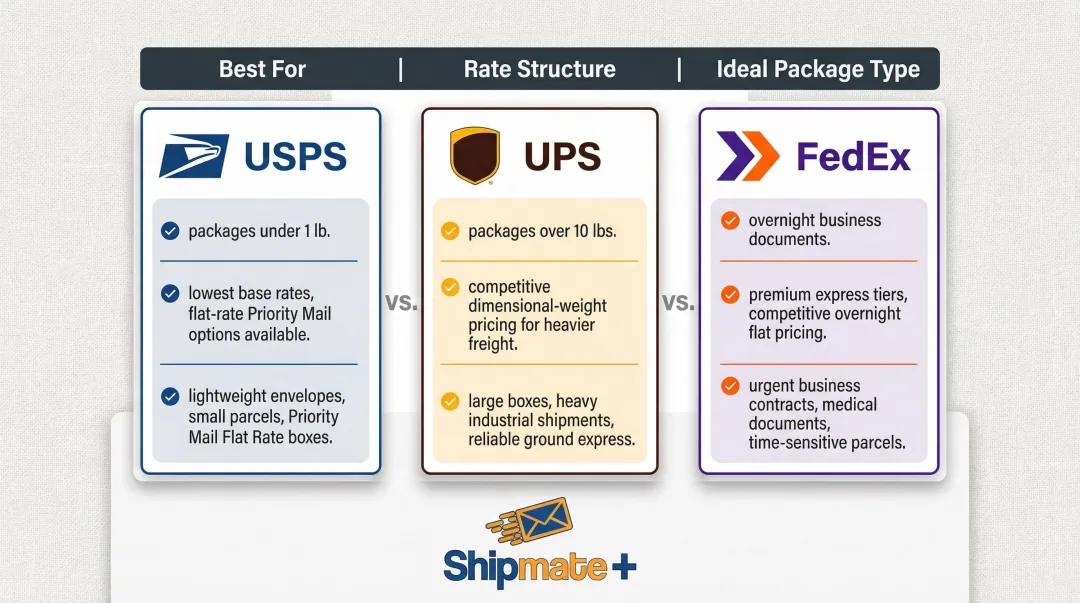 Three-carrier shipping comparison chart USPS UPS FedEx strengths and best use cases
