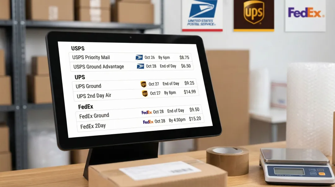 Side-by-side carrier rate comparison screen showing USPS UPS and FedEx shipping prices