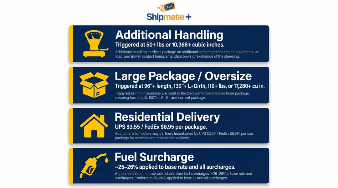Large package shipping surcharges overview including handling oversize residential and fuel fees