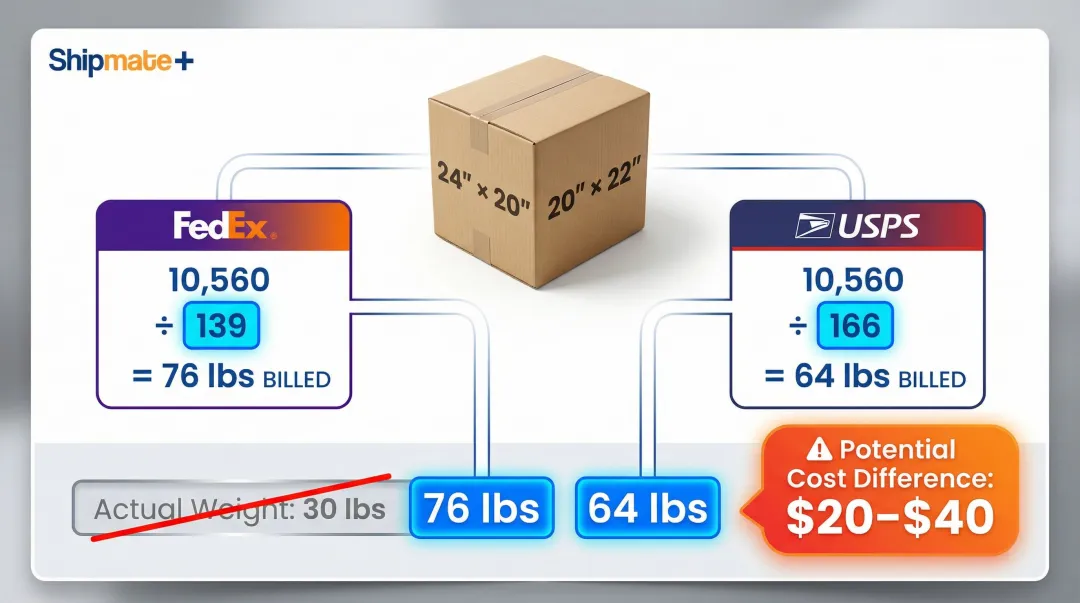 Dimensional weight calculation example comparing FedEx USPS and actual billed weight
