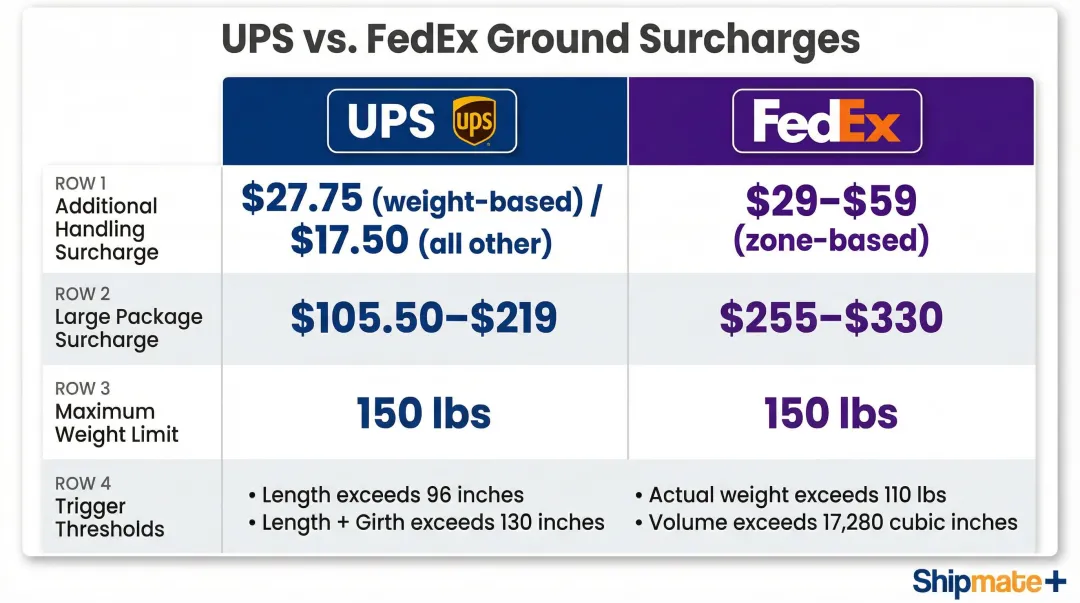 UPS versus FedEx Ground surcharge comparison chart for large and heavy packages
