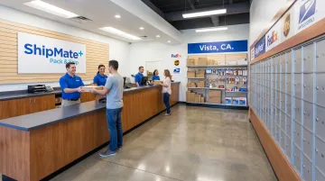 ShipMate Plus Vista CA storefront showing shipping and mailbox service counter