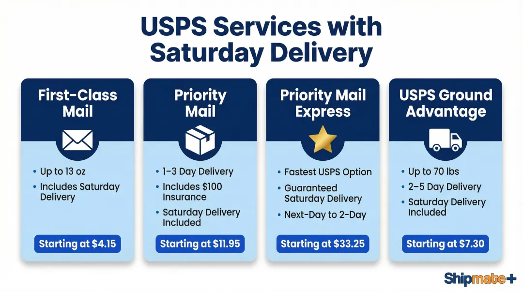 Four USPS services with Saturday delivery comparison infographic