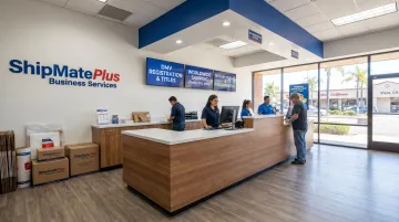 ShipMate Plus Vista storefront showing auto registration and business services counter