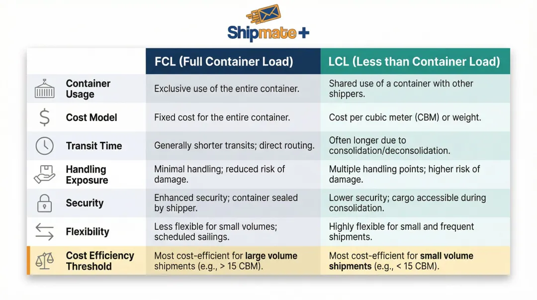 FCL versus LCL ocean freight comparison chart across seven key shipping factors