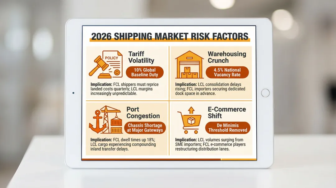 2026 ocean freight market factors affecting FCL and LCL shipping decisions infographic