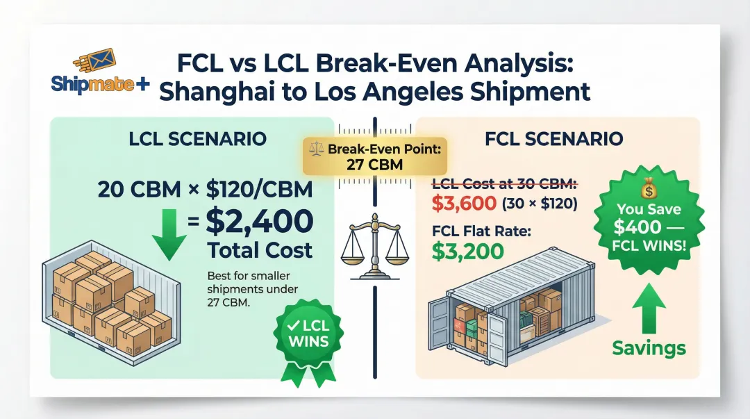 FCL versus LCL break-even cost calculation example Shanghai to Los Angeles route