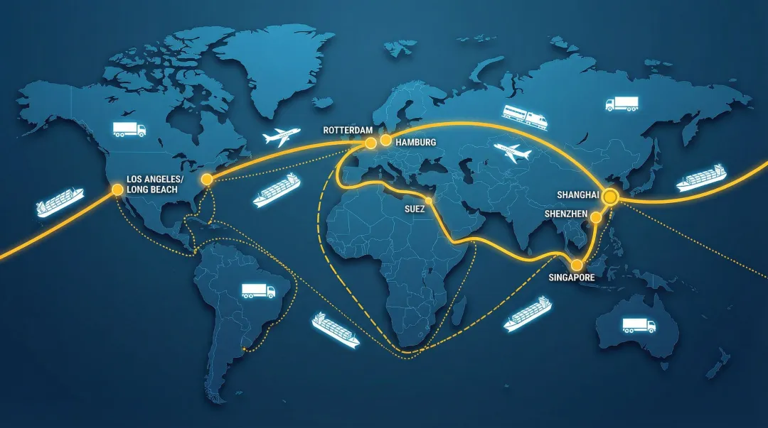Global supply chain map showing mixed FCL and LCL ocean freight shipping routes