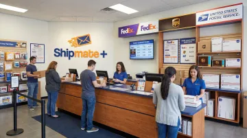 ShipMate+ shipping center interior showing FedEx UPS and USPS multi-carrier service counter