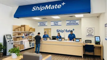 ShipMate+ Vista storefront offering Live Scan fingerprinting notary and shipping services