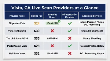 Vista CA Live Scan provider comparison chart fees hours and walk-in requirements