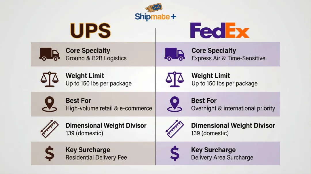 UPS versus FedEx side-by-side shipping features comparison infographic