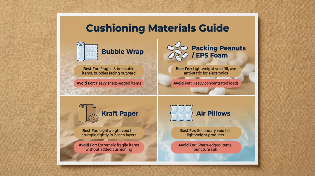 Four cushioning materials comparison guide bubble wrap packing peanuts kraft paper air pillows