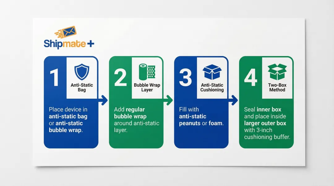 4-step electronics packing process using anti-static protection and two-box method