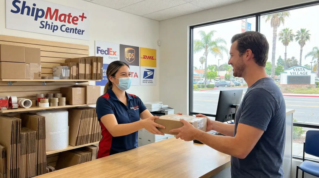 ShipMate Plus Vista CA authorized ship center staff assisting customer with multi-carrier shipping