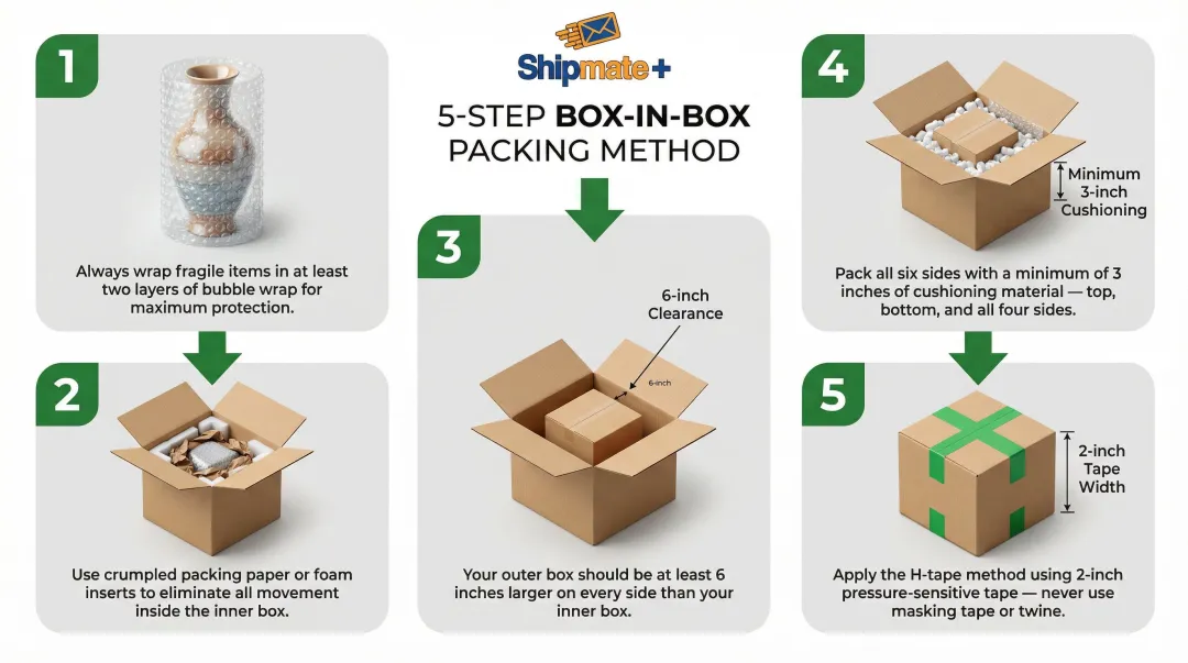 Box-in-box fragile item packing method 5-step process diagram for FedEx shipping