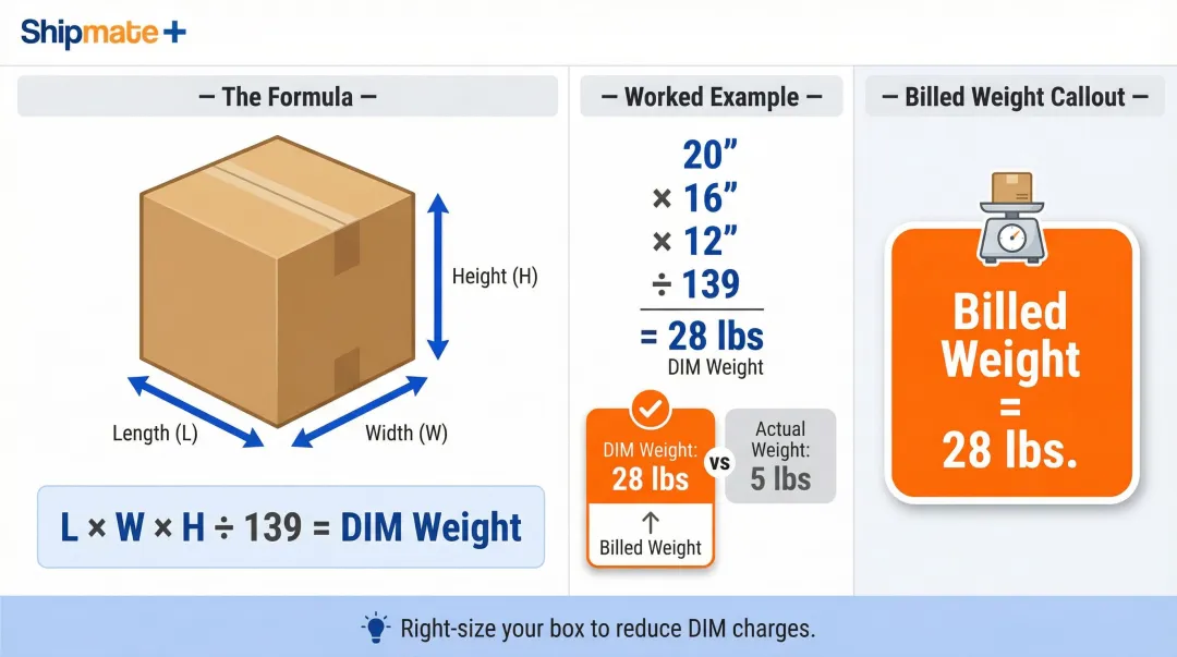 FedEx dimensional weight formula calculation example with box dimensions and billing comparison