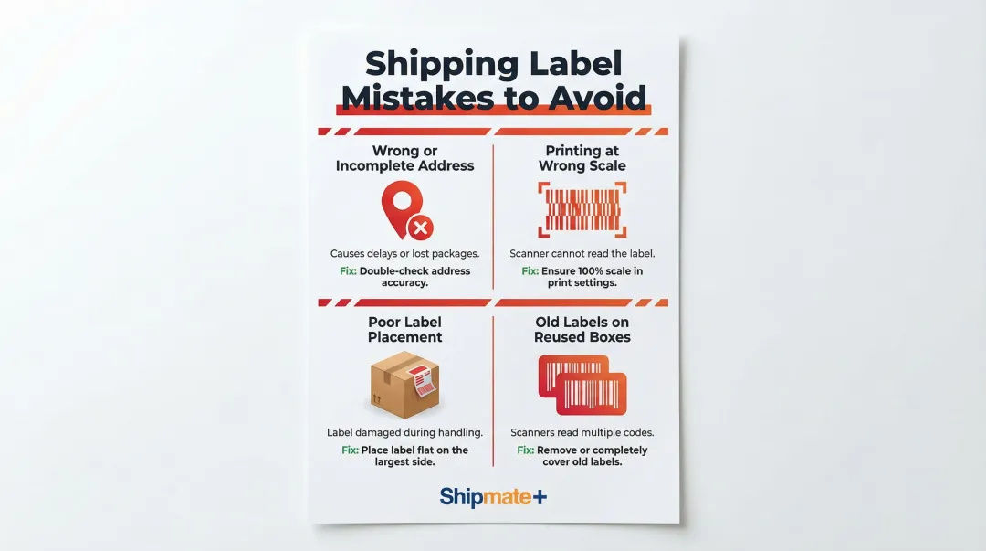 Four common shipping label mistakes to avoid with prevention tips infographic