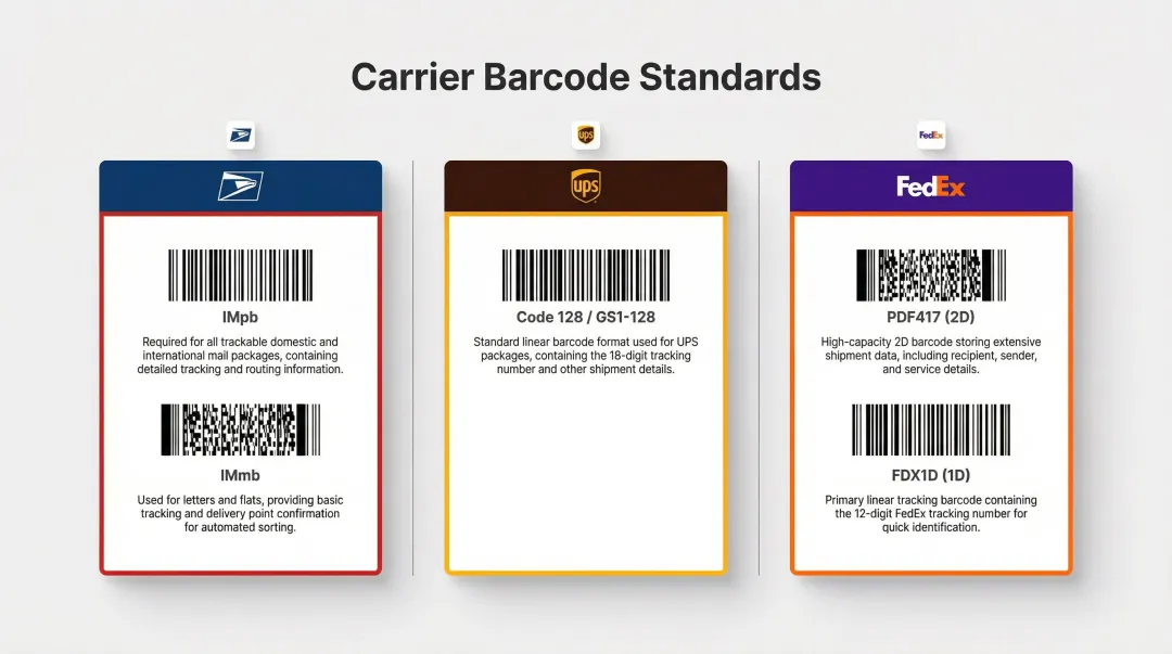 USPS UPS FedEx barcode format comparison infographic for shipping labels