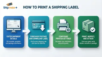 4-step shipping label printing process from entering details to attaching label