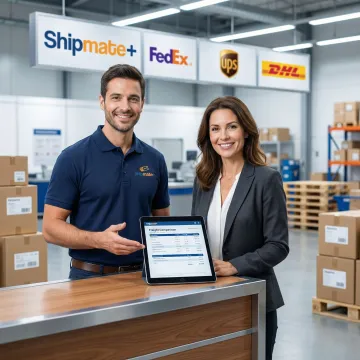 Shipping center staff assisting a business client with freight documentation and carrier options