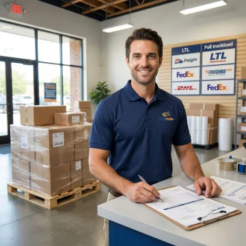 Freight shipping specialist coordinating large cargo shipment at a shipping center