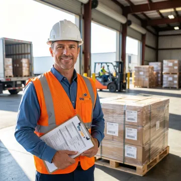 Freight shipping specialist coordinating large palletized cargo in a California warehouse