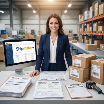 Freight specialist preparing customs documents and packaging for an international shipment