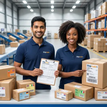 ShipMate+ staff processing international freight shipment with carrier labels and customs documents
