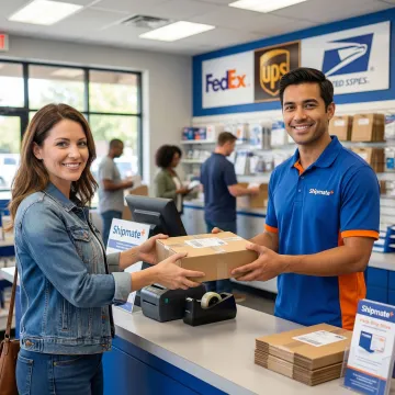Customer dropping off a return package at a ShipMate+ multi-carrier shipping counter