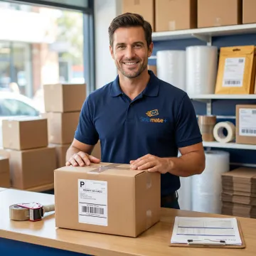 Shipping specialist preparing air freight documentation and packaging for a business client