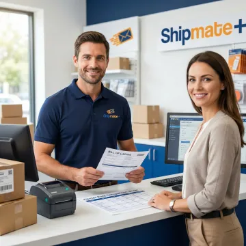 Freight specialist reviewing shipping documents and carrier rate comparisons at a shipping counter