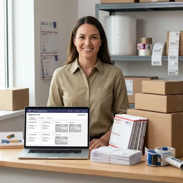 Business shipper reviewing USPS Informed Delivery dashboard on a laptop at a shipping counter