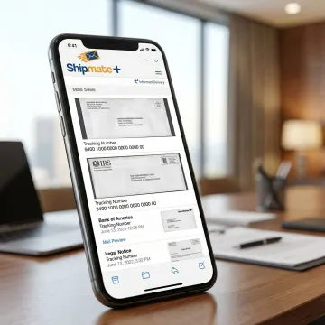 USPS Informed Delivery mail preview on a smartphone screen with business envelopes