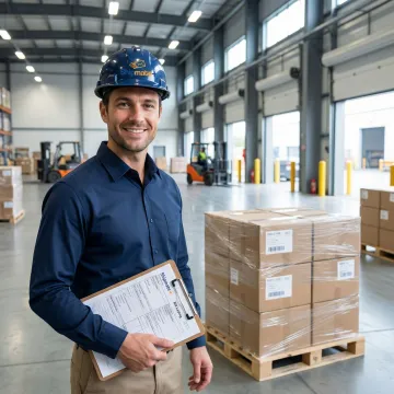 Freight specialist reviewing shipping documentation and cargo on a loading dock