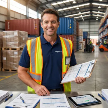 Freight forwarding specialist coordinating global logistics shipments at a shipping facility